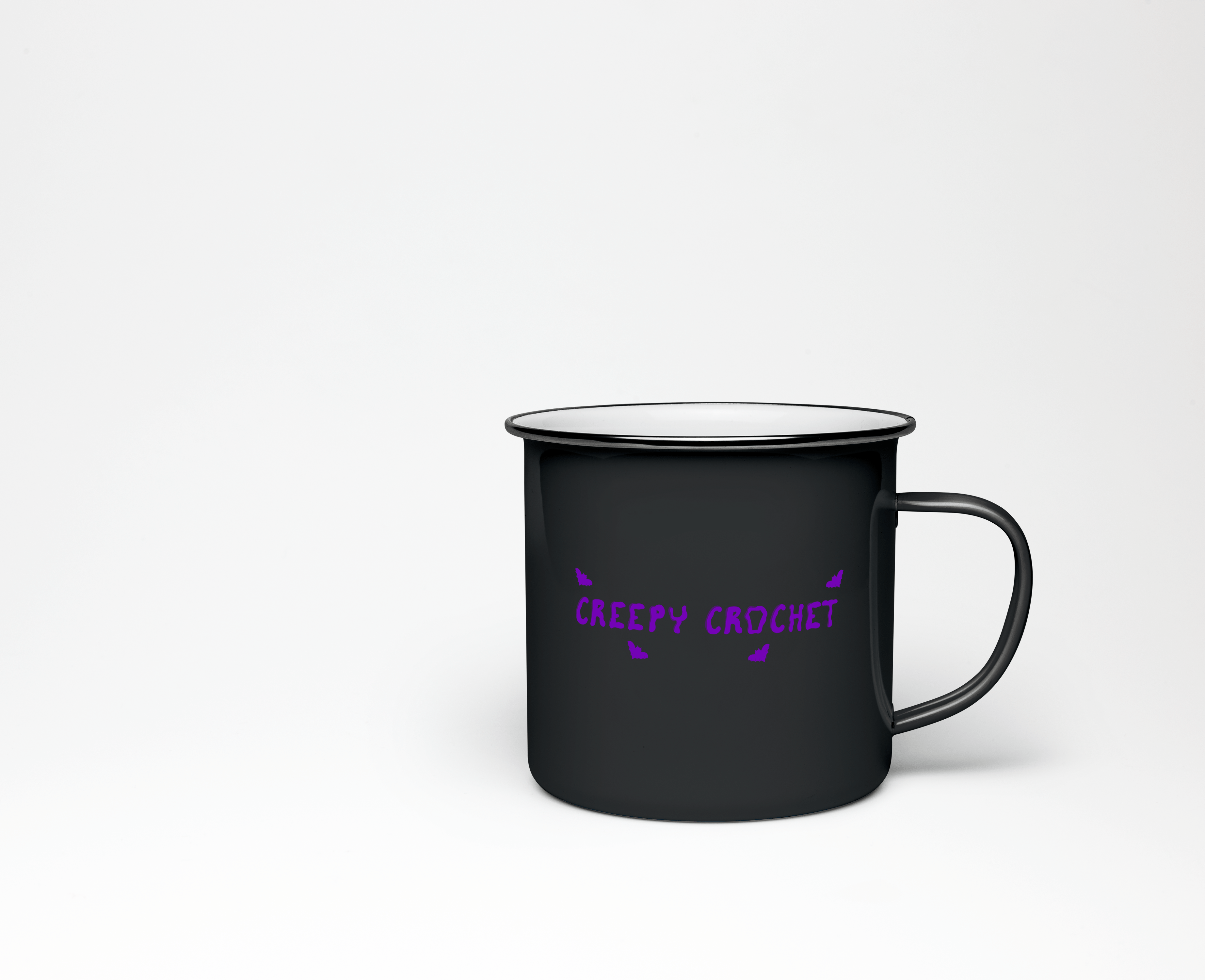 mockup of creepy crochet logo on mug